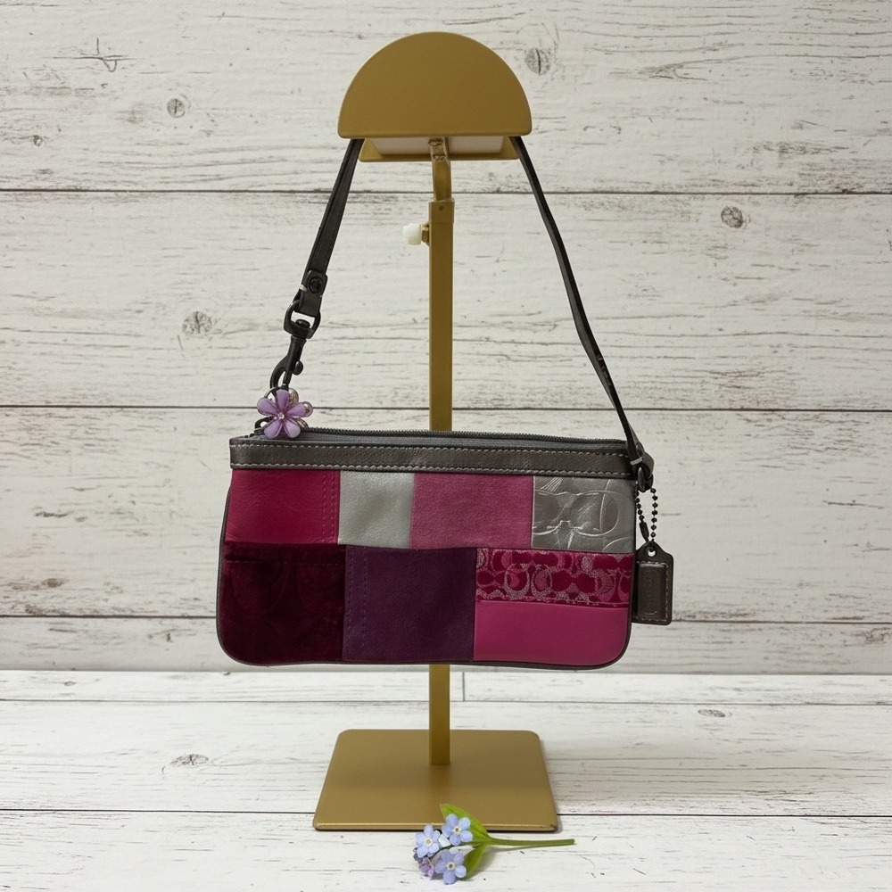 Coach Patchwork Wristlet Pink Suede Leather Signature Small‎ Bag Y2K